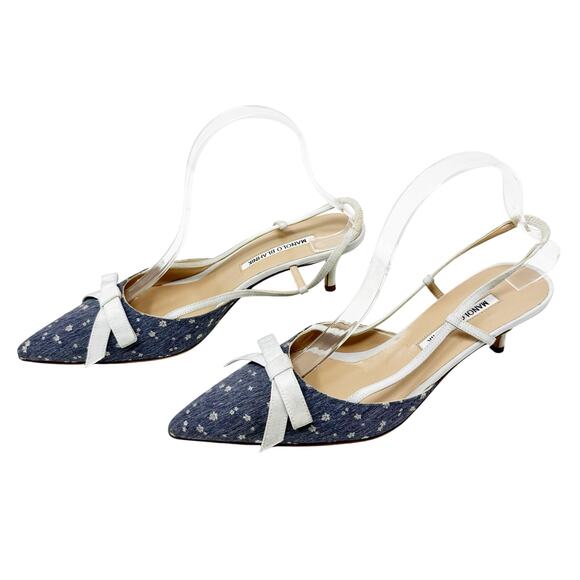 Manolo Blahnik Floral Bow Slingback Heels EU 40 Blue Grosgrain Trim Vintage - Picture 3 of 8